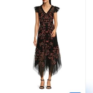 Alex Marie Becky Floral Embroidered Mesh V-Neck Flutter Sleeve Flounce Gown